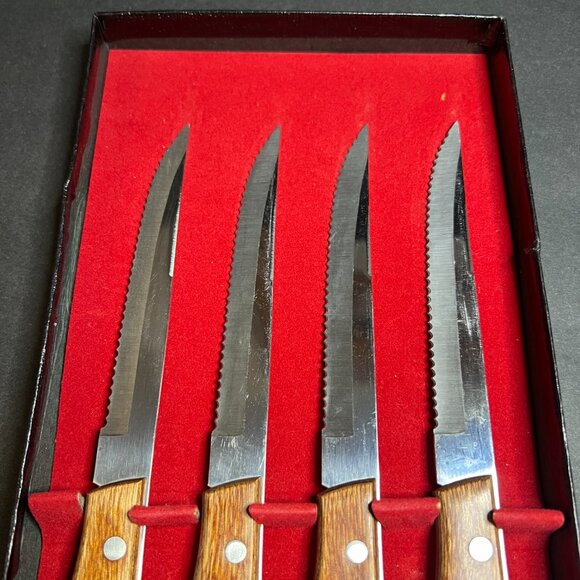 Vintage Set of 4 Maxam CTGB4 Wooden Handle Steak Knives w/ 5" Blades & Box - Picture 5 of 6